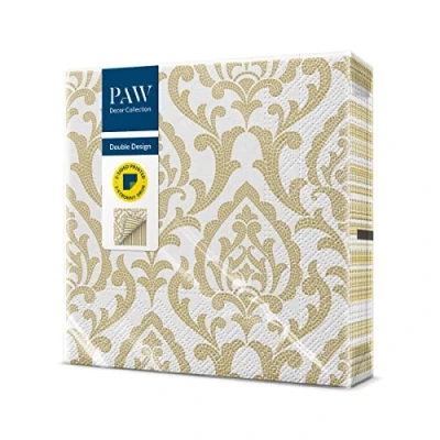 Afbeelding van PAW Papieren Servetten 3 laags (33 x 33 cm) Set van 20 Ideaal voor feesten, Bijvoorbeeld Bruiloften, Doopfeesten, Verjaardagen Kleur: Portugees Tiles Stripe (goud)