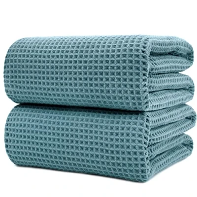 Afbeelding van Polyte Microvezel badhanddoek pluisvrij en sneldrogend wafelstructuur extra groot groen 89 x 178 cm set van 2