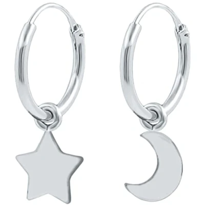 Afbeelding van ENTREPLATA Creolen van 925 sterling zilver, paar oorbellen voor dames, meisjes, heren, jongens, uniseks, twee zilveren ringen met een kleine maanhanger en andere in ster, zilverkleurig,