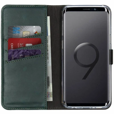 Afbeelding van Selencia Hoesje Geschikt voor Samsung Galaxy S9 Met Pasjeshouder Echt Lederen Bookcase Groen