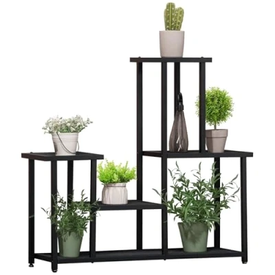 Afbeelding van Outsunny Plantenstandaard met 4 niveaus voor binnen en buiten, metalen plantenrek, plantenhouder tuin, terras, balkon, woonkamer, zwart
