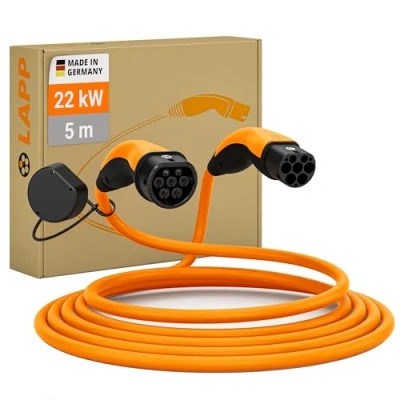 Afbeelding van LAPP MOBILITY Elektrische oplaadkabel voor auto, type 2, 22 kW, 32 A, zelfintrekbaar, driefasig, modus 3, snellaadkabel EV, wallbox en autolaadstation, oranje, 5 m