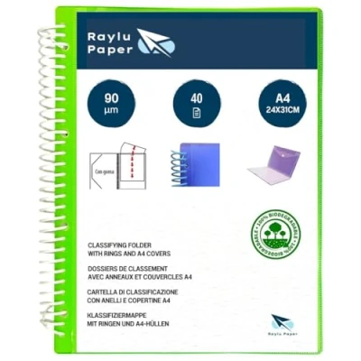 Afbeelding van Raylu Paper® Ringmap met transparante A4 hoezen van 90 micron en envelop klittenbandsluiting, individueel aanpasbaar deksel. 100% biologisch afbreekbare map (40 hoezen, groen)