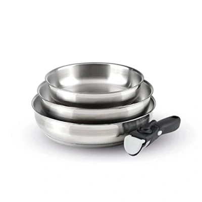 Afbeelding van Set van 3 braadpannen in roestvrij staal met afneembaar handvat Zilver / Zwart