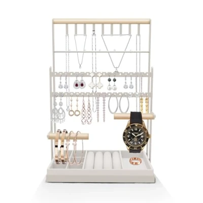 Afbeelding van TFSZE Sieradenstandaard, sieradenstandaard met 4 niveaus, fluwelen dienblad, ringbasis, voor halskettingen, armbanden, oorbellen, ringen (wit)