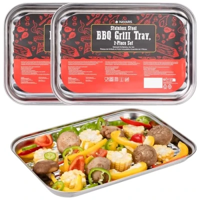 Afbeelding van Navaris 2x roestvrijstalen grillschalen Bbq pan voor barbecueën, grillen, garen en uitlekken schaal ook in de oven 34 x 24 3 cm RVS