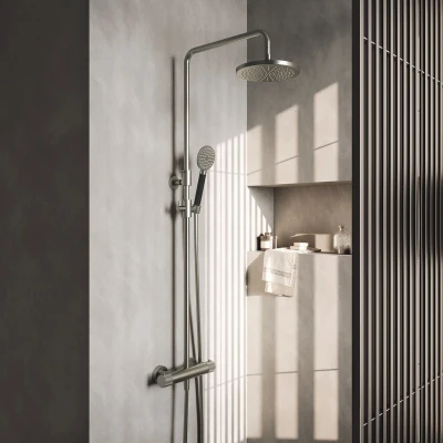 Afbeelding van HotBath Cobber X SDS9 thermostatische regendoucheset met 20cm ronde hoofddouche handdouche nikkel Geborsteld
