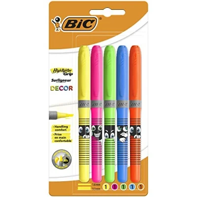 Afbeelding van BIC Highlighter Grip Decor Markeerstiften, afgeschuinde punt, verschillende kleuren, 5 stuks
