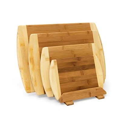 Afbeelding van Relaxdays Snijplanken met houder 4 stuks bamboe broodsnijplanken snijden of serveren