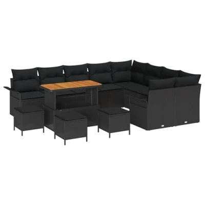Afbeelding van vidaXL 13 delige tuinbankset met kussens zwart poly rattan acacia