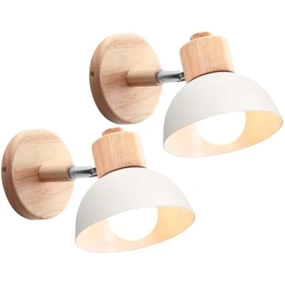 Afbeelding van IDEGU Industriële wandlamp, vintage, verstelbaar, van hout, metaal, retro, E27 fitting, wandlamp voor binnen, slaapkamer, woonkamer, hal, restaurant, 15 cm (2 stuks, wit)
