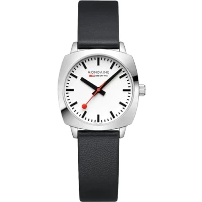 Afbeelding van Mondaine MSL.31110.LBV Petite Cushion Unisex Horloge Stationsklok Mineraalglas Staal/Leer Zilver/Zwart 36 mm breed Quartz Gesp
