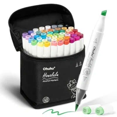Afbeelding van 48 Kleurmarkeringen Set Ohuhu dubbele tip penseel &amp; Beitel schets marker voor kinderen, kunstenaar, studenten, penseelstiften schetsen, volwassen kleuren, Kalligrafie, tekenen en illustratie Markers
