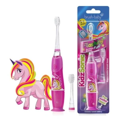 Afbeelding van Brush Baby KidzSonic Electrische Tandenborstel (vanaf 3 jaar) Disco licht Timer &amp; Pulse Unicorn Roze Incl. 2 opzetborstels en batterij