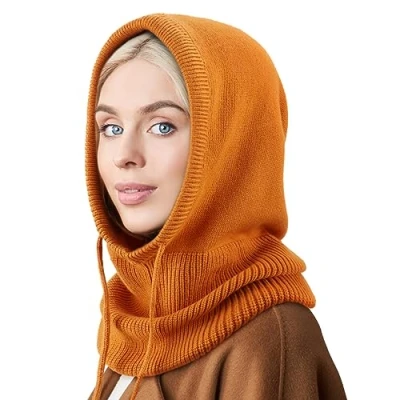 Afbeelding van DRESHOW Winterhoeden voor dames, balaclava, gebreide beanie, schedel, pet met trekkoord, hoed, sjaal capuchon, 1 x Hooded Hoed: Oranje