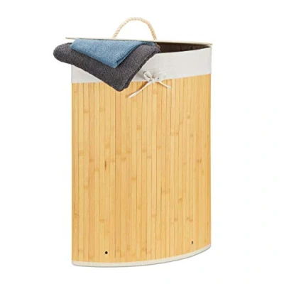 Afbeelding van Relaxdays wasmand hoekmodel bamboe 60 liter deksel wasbox driehoekig crème