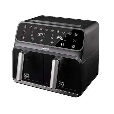 Afbeelding van JOCCA Heteluchtfriteuse 8 liter Olievrije friteuse met grote capaciteit 2 bakken 4 + l, timer, instelbare temperatuur, gezond koken, 1700 W, zwart