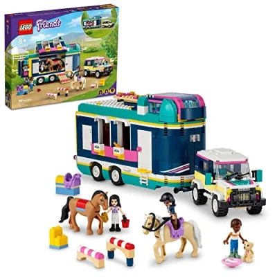 Afbeelding van LEGO Friends Horse Show Trailer 41722, paardenspeelgoed voor meisjes en jongens vanaf 8 jaar met 2 paarden, auto rijaccessoires SUV, dierenspeelset, cadeau idee