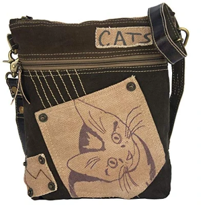 Afbeelding van Sunsa Dames Schoudertas met kattenmotief, vintage stijl van canvas en leer. Duurzame producten. voor kattenliefhebbers, crossbody tas veel vakken,, Bruin, Retro