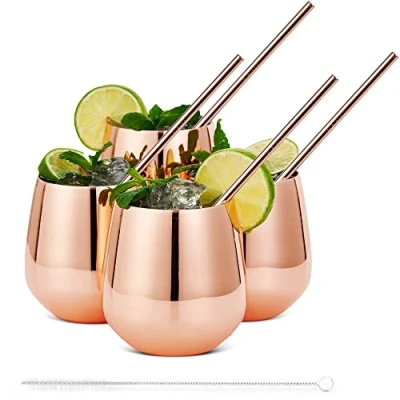 Afbeelding van Oak &amp; Steel 4 Roségouden RVS Steelloze Wijnglazen met Metalen Rietjes en 2 Borstels (350ml) Dubbelwandig, Stevig Onbreekbaar