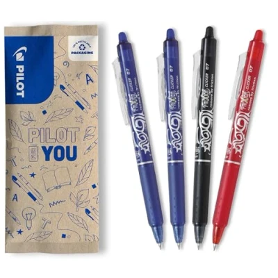 Afbeelding van PILOT Set van 4 FriXion Ball Clicker 07 uitwisbare warmtegevoelige inkt Intrekbare en navulbare rollerbalpen 2 blauw, 1 zwart, rood medium punt