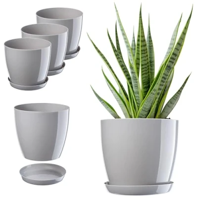 Afbeelding van KADAX Set van 3 bloempotten met onderzetter, ronde kunststof plantenbak, bloempot voor binnen en kamerplanten, kruidenpot (set 20 cm, grijs)
