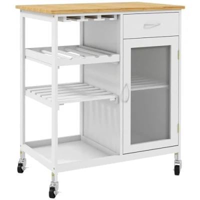 Afbeelding van HOMCOM Keukenwagen serveerwagen met wieltjes, meerdere opslag, wijnrek, lade, deur, planken, wit