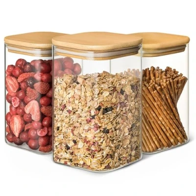 Afbeelding van Praknu Glazen Voorraadpotten met Houten Deksel 3 delige Vierkant Bamboe Luchtdicht 1L Doorzichtige Borosilicaatglas