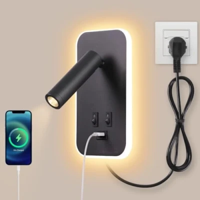 Afbeelding van Awekliy Led wandlamp, leeslamp met schakelaar, USB oplaadpoort, sfeerverlichting voor slaapkamer, verstelbare spot (3 W 3000 K + 9 6000 K), stekker en kabel, zwart