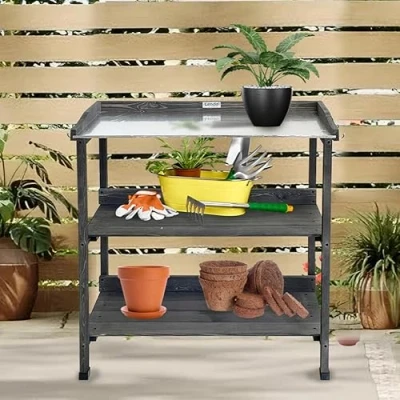 Afbeelding van Lendo Online Oppottafel Tuinwerktafel Plantentafel Werktafel voor tuin Tuinwerkbank met gegalvaniseerd werkblad 76x37x92 cm vurenhout grijs