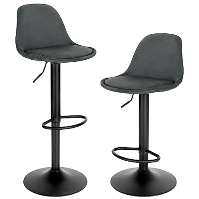 Afbeelding van EUGAD 2 barkruk, in hoogte verstelbare draaibare kruk, ergonomische stoel, bistrokruk, gestoffeerde kruk met fluwelen bekleding, rugleuning, voetensteun, metaal, donkergrijs, 1051BY