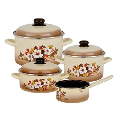 Afbeelding van GSW Madeira 243155 Set van 4 beige geëmailleerde pannen met decoratie, 24 cm, 7 stuks