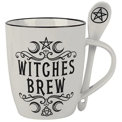 Afbeelding van Alchemy Witches Brew Mok/beker met lepel set Wit/Zwart Keramische mok Vaatwasmachine en magnetronbestendig 390ml