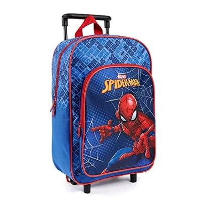 Image de Spiderman Sac à Dos avec Roues pour Enfant roulettes Amovible Garçon Bleu et Rouge École Maternelle Cartable Léger Marvel Super Héro Homme Araignée Voyage Losisir 36x25x12 cm Perletti