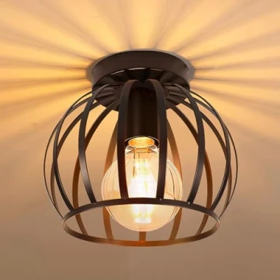 Afbeelding van iDEGU Vintage industriële plafondlamp met metalen kooi, geometrisch design, E27, voor slaapkamer, café, restaurant, gang, 20 cm zwart