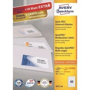 Afbeelding van Avery Zweckform 3657 2, Universele Etiketten, Ultragrip, Wit, 200 Vel, 40 Per Ft 48,5 X 25,4 Mm Etiket