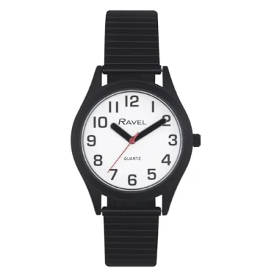Afbeelding van Ravel Super gedurfd uniseks horloge met grote cijfers op roestvrijstalen armband, Zwart/witte wijzerplaat