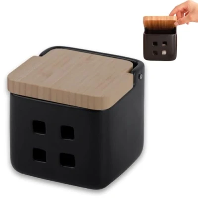 Afbeelding van Knoflookblik Keramiek met deksel van bamboehout Knoflookopslag ventilatiegaten voor optimale conservering Knoflookpot 11,5 x cm Matzwart