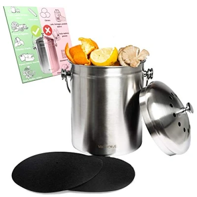 Afbeelding van VeoHome Roestvrijstalen Compostbak voor Keuken Duurzaam, Geurloos en Gemakkelijk te Reinigen, Ideaal Thuis Restaurant