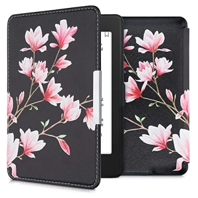 Afbeelding van kwmobile hoes geschikt voor Amazon Kindle Paperwhite Magnetische sluiting E reader cover in poederroze / wit zwart Magnolia design