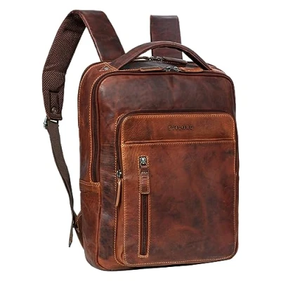 Afbeelding van STILORD Tory Leren Rugzak voor dames en heren, zakelijke stijl, vintage, 13 14 inch, handbagage, reisrugzak, Salerno Bruin,