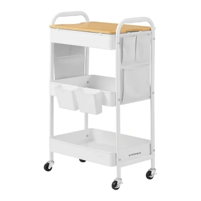 Afbeelding van SONGMICS LRC036W01 trolley met 3 planken, steunplaat, 2 afneembare hangdozen, 6 zijzakken, voor woonkamer, studie, keuken, badkamer, wolkenwit