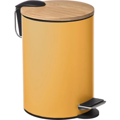 Afbeelding van 5Five Stijlvol &amp; Compact Afvalemmer 3L met Bamboe Deksel Softclose Mosterd