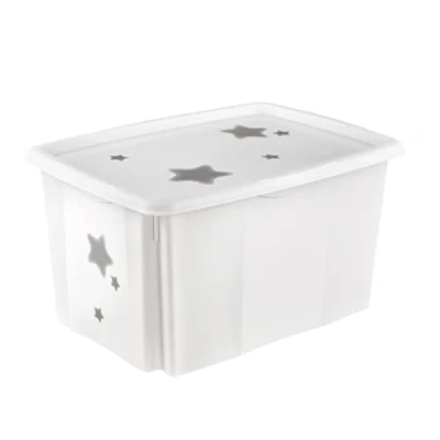 Image de keeeper Stars Boîte de rangement rotative et empilable avec couvercle Pour enfants 45 l Blanc nordique