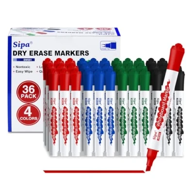 Afbeelding van Sipa Set van 36 losse droog uitwisbare markers, afgeschuinde punt, 4 verschillende kleuren, geurarme whiteboardmarkers, perfect voor klaslokaal, kantoor, leraren en