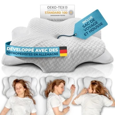 Afbeelding van Glückstoff® Orthopedisch kussen (gecertificeerd voor alle soorten slaap), nekpijn van traagschuim, ergonomisch zijslaapkussen, wit