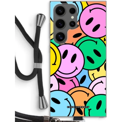 Afbeelding van Case Company® hoesje met Koord geschikt voor Samsung Galaxy S24 Ultra Smiley N1 Telefoonhoesje Zwart Bescherming aan alle Kanten en Over de Schermrand