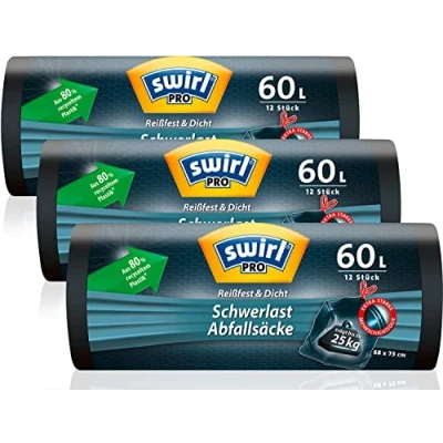 Image de Swirl sacs poubelle robustes de 60 l (3 x 12 sacs) avec cordon serrage pratique, anti gouttes et perforation pour déchets lourds la maison du jardin