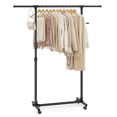 Afbeelding van SONGMICS kledingrek, kapstok, in hoogte verstelbaar van 97 tot 165 cm, uittrekbare stang, zijhaken voor accessoires, zwart LLR001B01