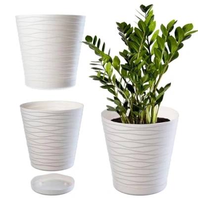 Afbeelding van KADAX Bloempot met onderzetter, plantenbak voor binnen, lichte bloempot, van kunststof, ronde sierpot bloemen, planten, huis, (15 cm, crème)